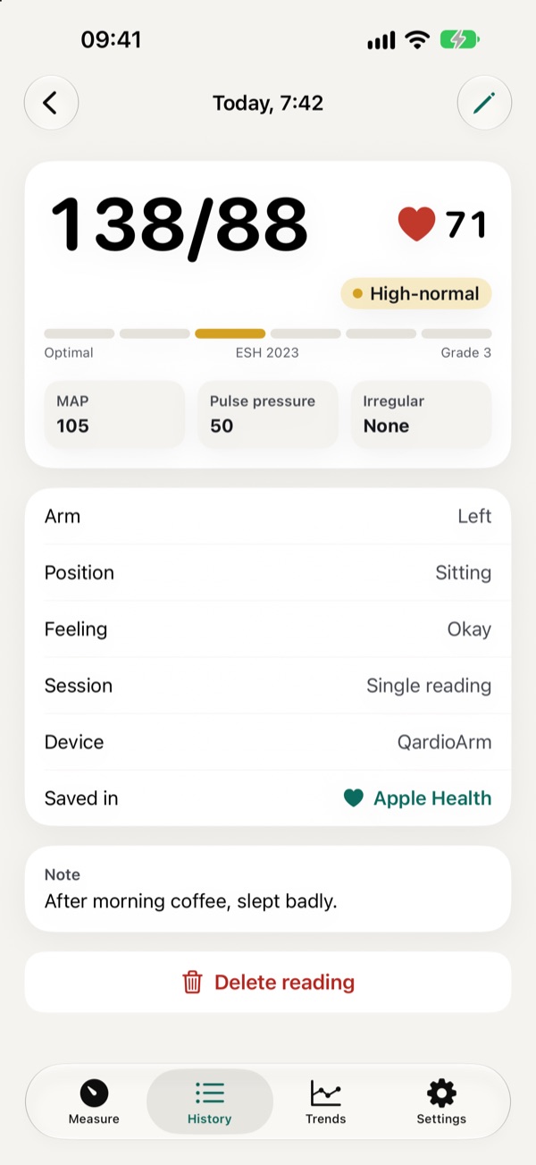 A reading's details, saved in Apple Health